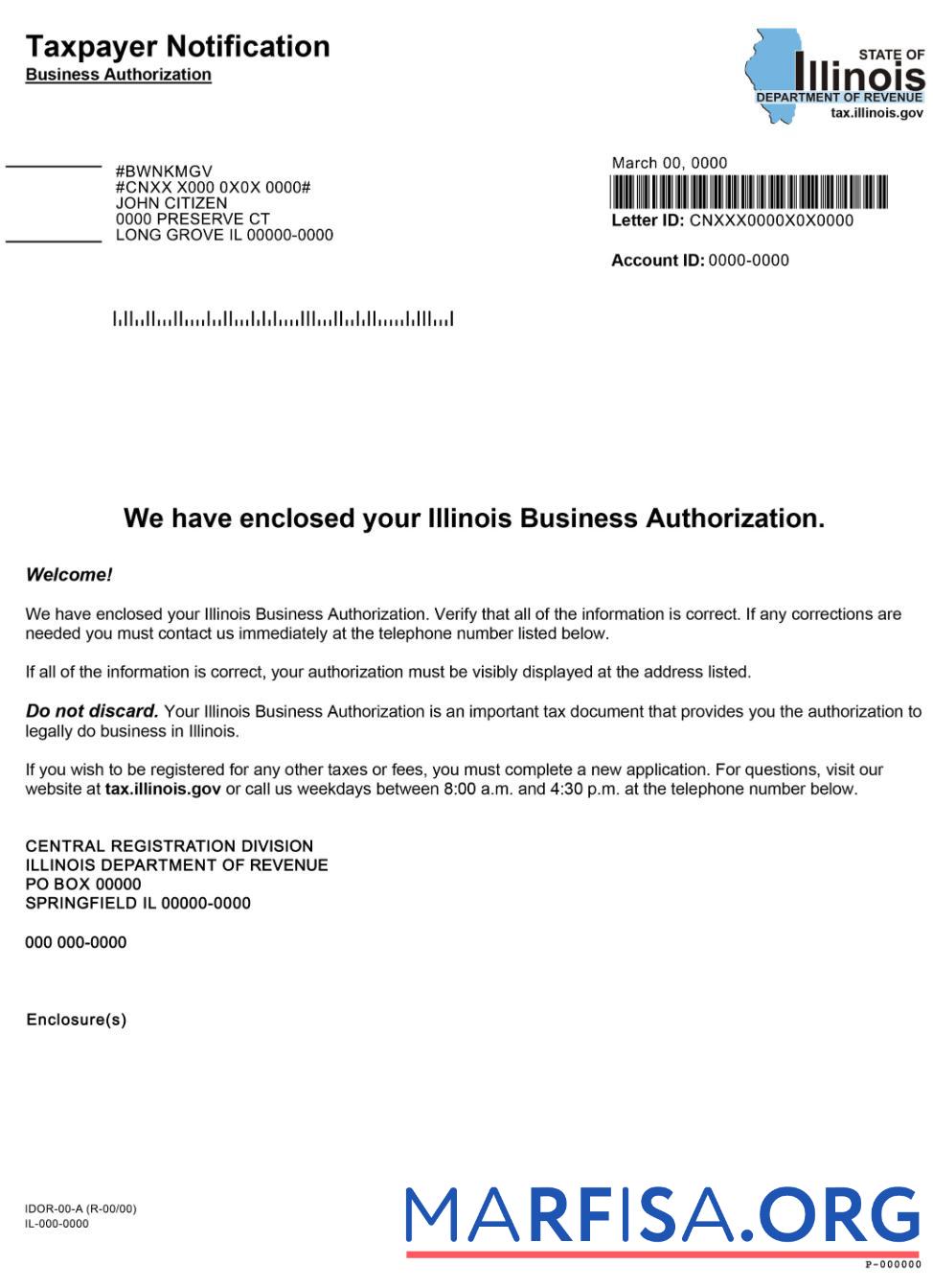Printable USA Illinois Business Authorization,Certificate of Registration 1 download for verification